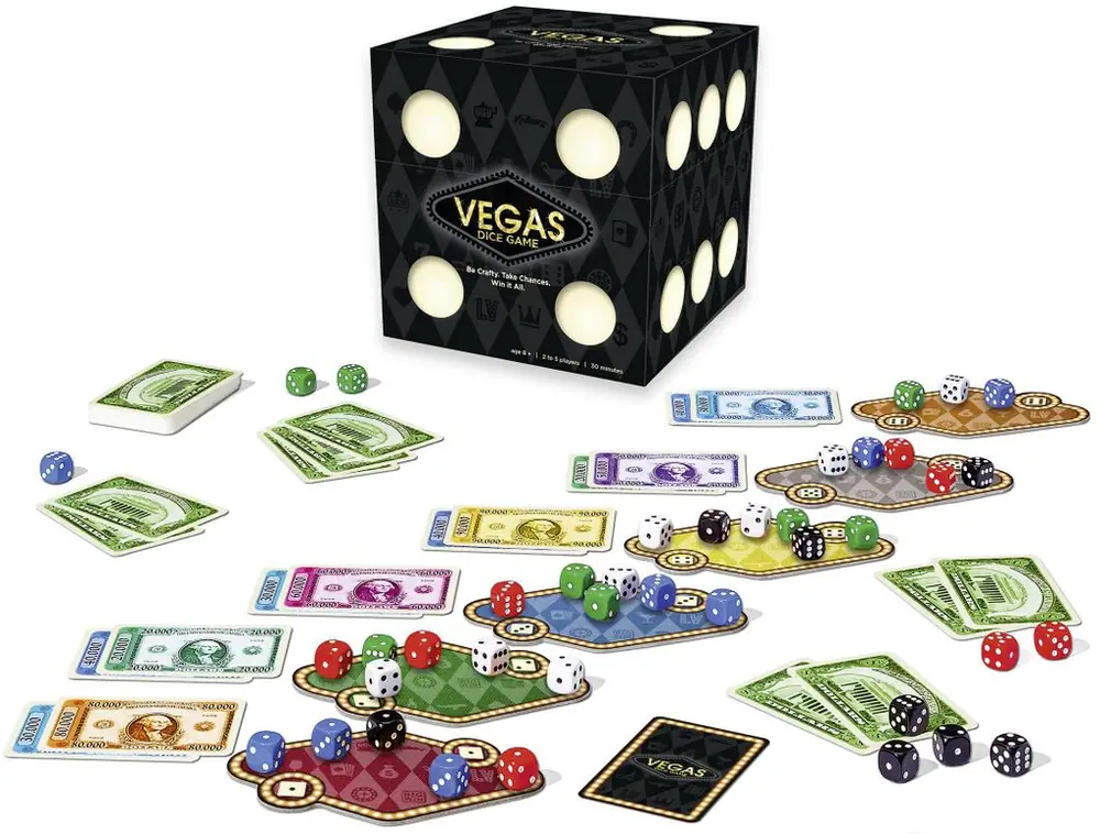 Vegas Dice Game, Ravensburger, 2017 — box and components (image provided by the publisher)