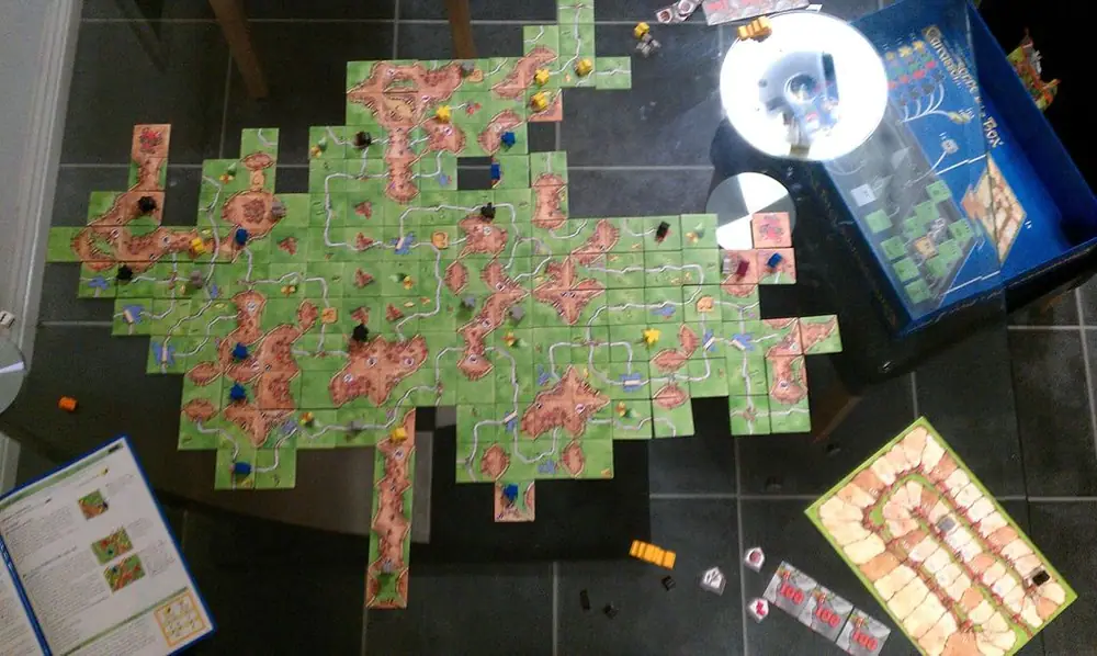 A 2 player play of Carcasonne Big Box, or CARC-MEG-A-SONNE as we named it. I lost 479 to 394.