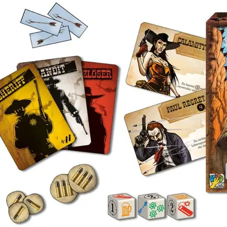 Bang! The Dice Game, ABACUSSPIELE/dV Giochi, 2013 – box and components (image provided by the publisher)