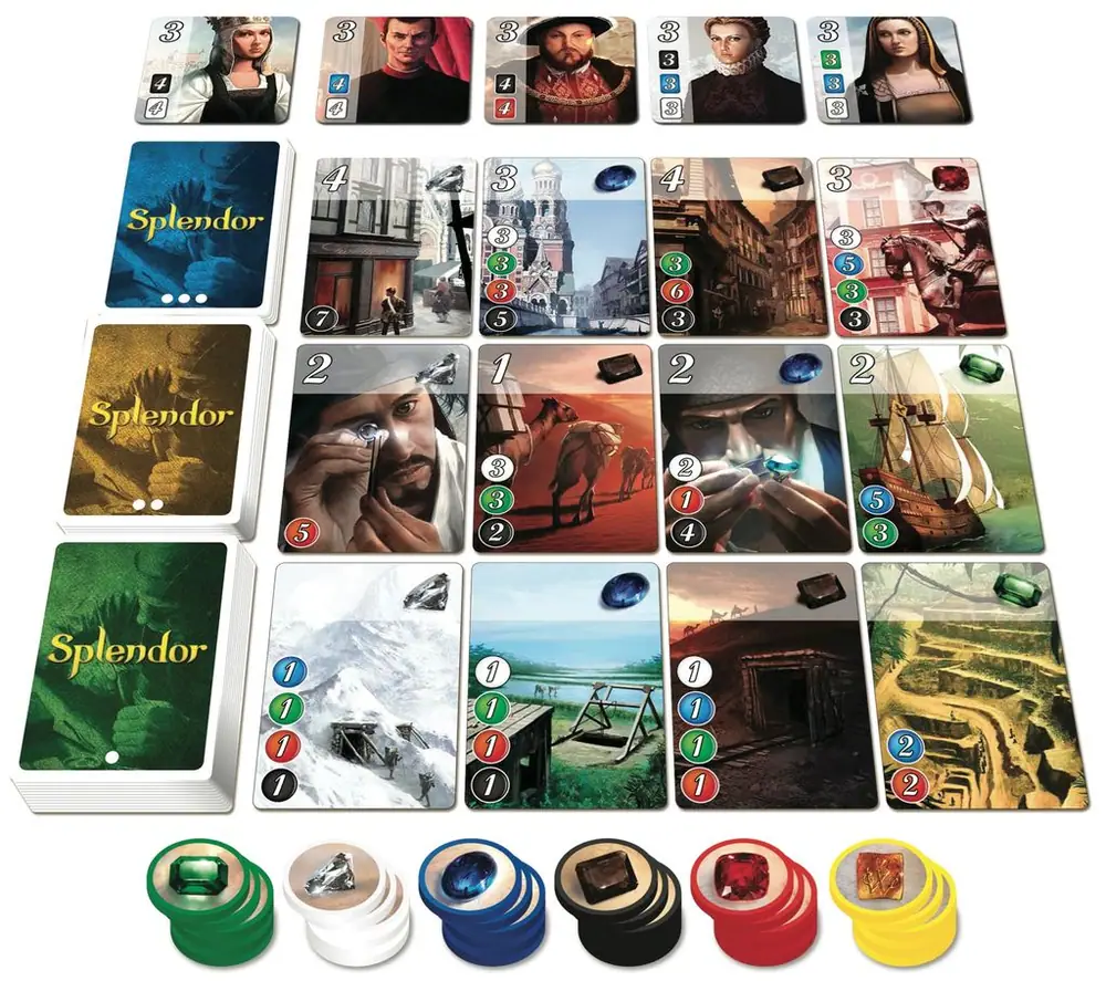 Splendor, Space Cowboys, 2014 — card and bonus tile layout during play (image provided by the publisher)