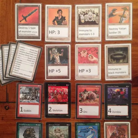 My Magic-ified version, using old commons. Used black-bordered for dungeon, white for player cards. Black for undead, green for big hitters, red for weak guys, and disenchant/artifact creature for dragon lance/dragon.
