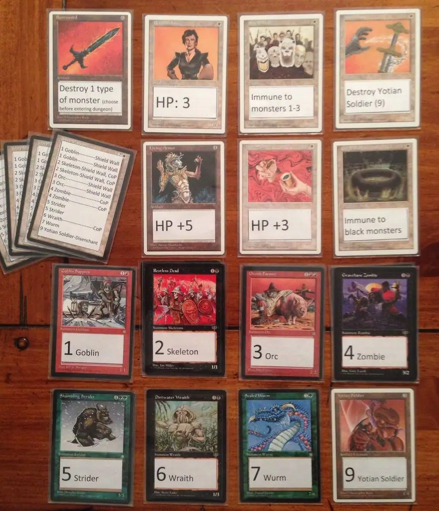 My Magic-ified version, using old commons. Used black-bordered for dungeon, white for player cards. Black for undead, green for big hitters, red for weak guys, and disenchant/artifact creature for dragon lance/dragon.