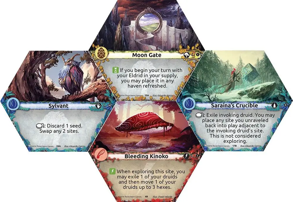 Sylvant, Moon Gate, Saraina's Crucible, and Bleeding Kinoko.