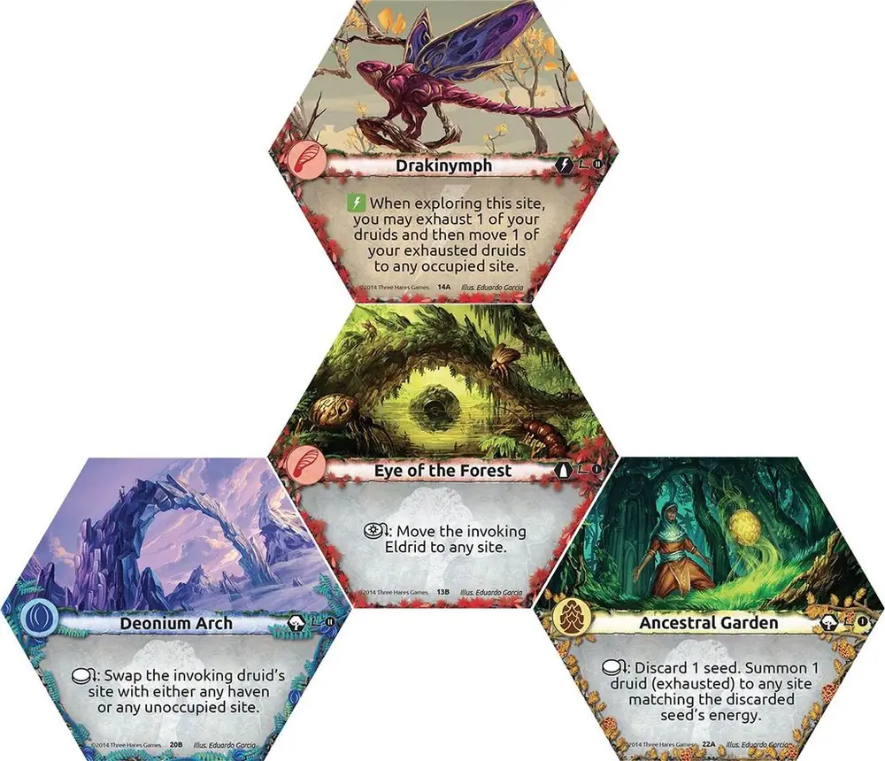 Eye of the Forest, Drakinymph, Ancestral Garden, and Deonium Arch. Illustrations by Eduardo Garcia.