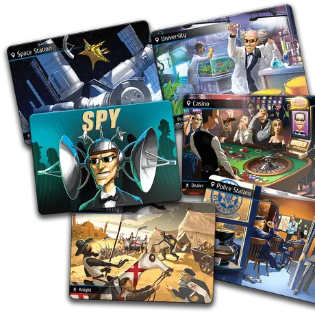 Some of the location cards and the spy card