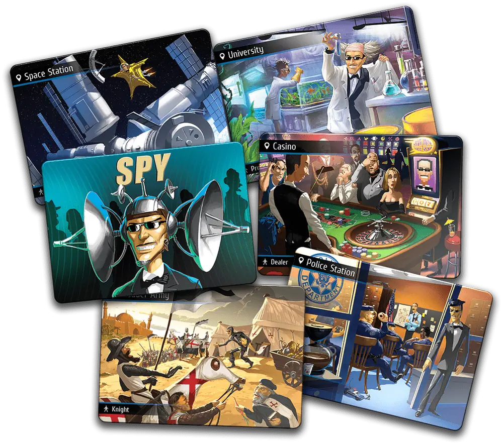 Some of the location cards and the spy card