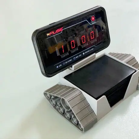A 3D-printed robot I designed to hold the phone (timer app) and cards!