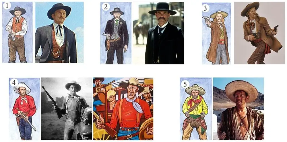 1 - Doc Holliday (actor Kirk Douglas), 2 - Wyatt Earp (actor Kurt Russell), 3 - Wild Bill Hickok, 4 - Ringo Kid (actor John Wayne), 5 - Tuco (actor Eli Wallach)