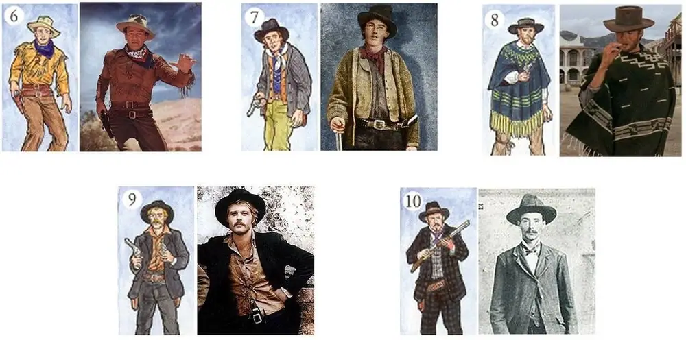 6 - Hondo Lane (actor John Wayne), 7 - Billy the Kid, 8 - Blondie (actor Clint Eastwood), 9 - The Sundance Kid (actor Robert Redford), 10 - Arkansas Tom Jones