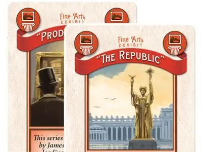 Two Fine Arts exhibit cards: "Prodigal Son" (left) and "The Republic" (right)