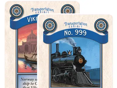 Two Transportation Exhibit cards: "Viking Ship" (left) and "No. 999" (right)