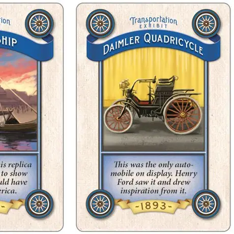 Transportation Exhibit cards: Viking Ship (left) and Daimler Quadricycle (right).