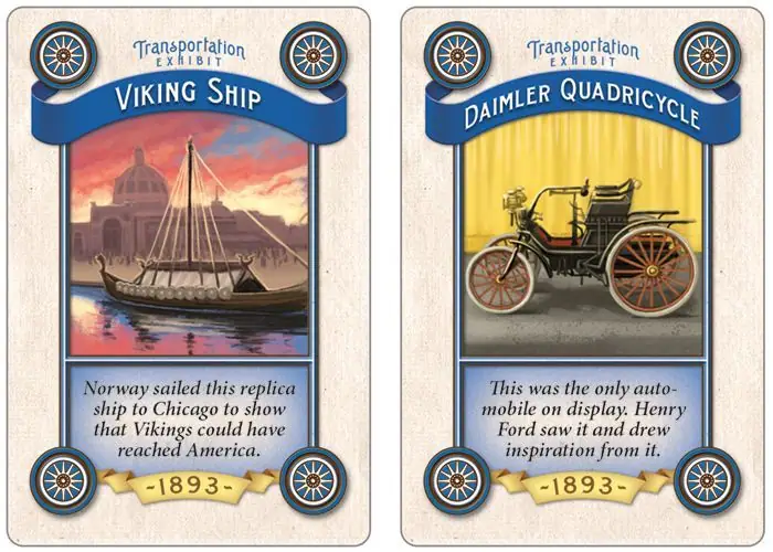 Transportation Exhibit cards: Viking Ship (left) and Daimler Quadricycle (right).