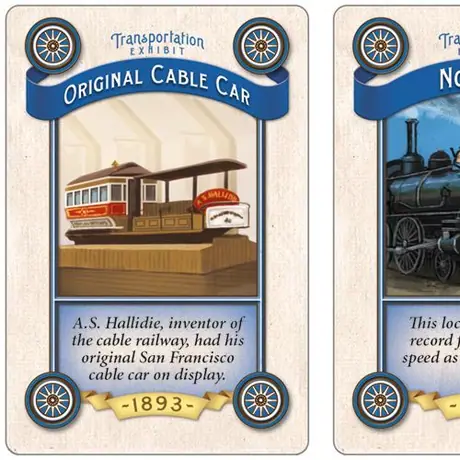 Transportation Exhibit cards: Original Cable Car (left) and Locomotive No. 999 (right).