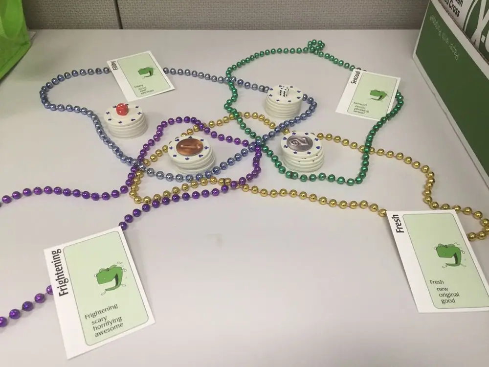 Got some cheap beads at work and my cogs started turning. Using some poker chips, Apples to Apples cards, a few random tokens (I should just mark the chips but I didn't have a marker), and playing cards #1-4 (not pictured), I fashioned a copy of Knit Wit!