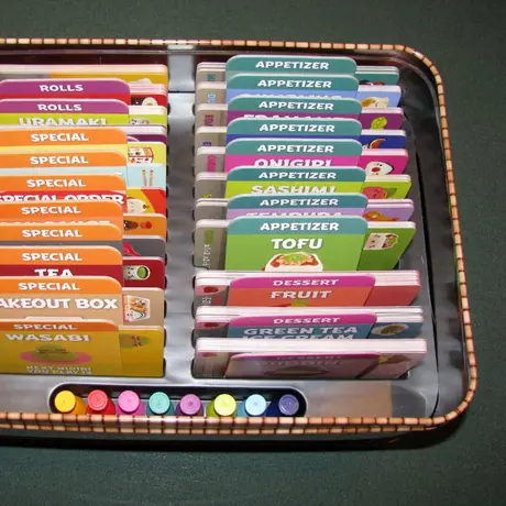 Another way to pack Sushi Go Party! I wish the box was a TINY bit bigger, but you CAN fit the board back in (but its tight)