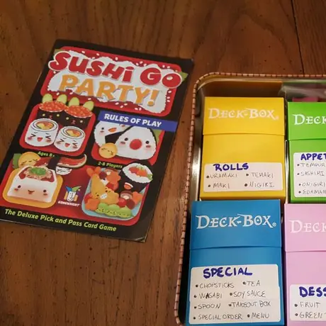 How I organized my sushi go party. all cards are sleeved and fit. easy to find and reorganize.