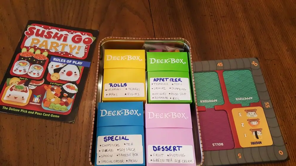 How I organized my sushi go party. all cards are sleeved and fit. easy to find and reorganize.
