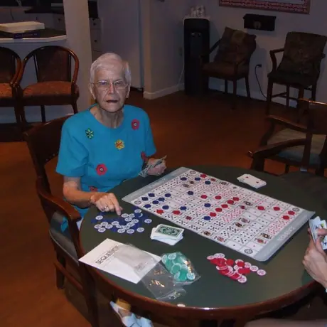 Eunice & Millie enjoying a game at the retirement center