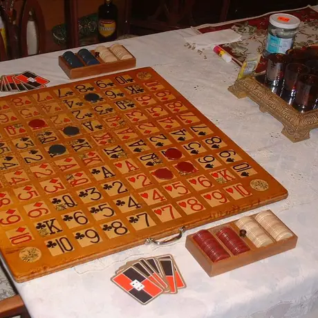 Homemade board for 1.5" Standard Poker Chips (made using "New Sight" Low-Vision playing cards designed by Gerald P. Marinoff, MD)