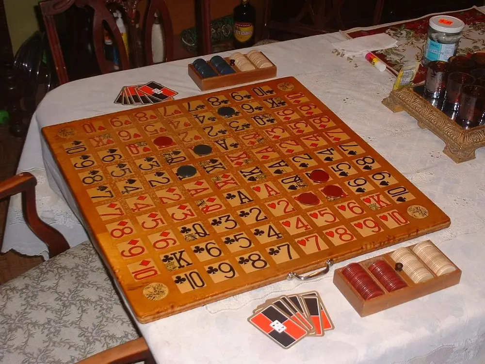 Homemade board for 1.5" Standard Poker Chips (made using "New Sight" Low-Vision playing cards designed by Gerald P. Marinoff, MD)