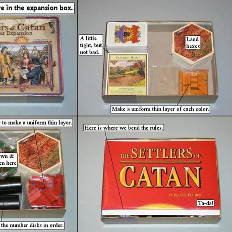 Settlers and its 5-6 player expansion, combined, fit very neatly in the box the expansion comes in.