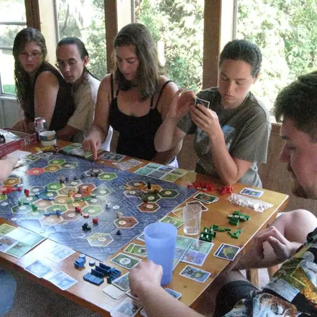 Full Catan- Settlers, Seafarers, and C&K, with all 3 5-6 expansions.  5 Players.  3.5 hours.  Good game :-)