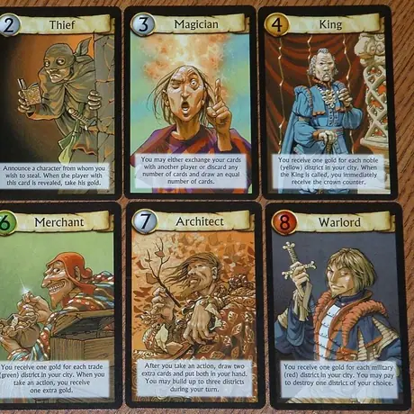 The main characters for Citadels, with the text of each card's special ability clearly visible