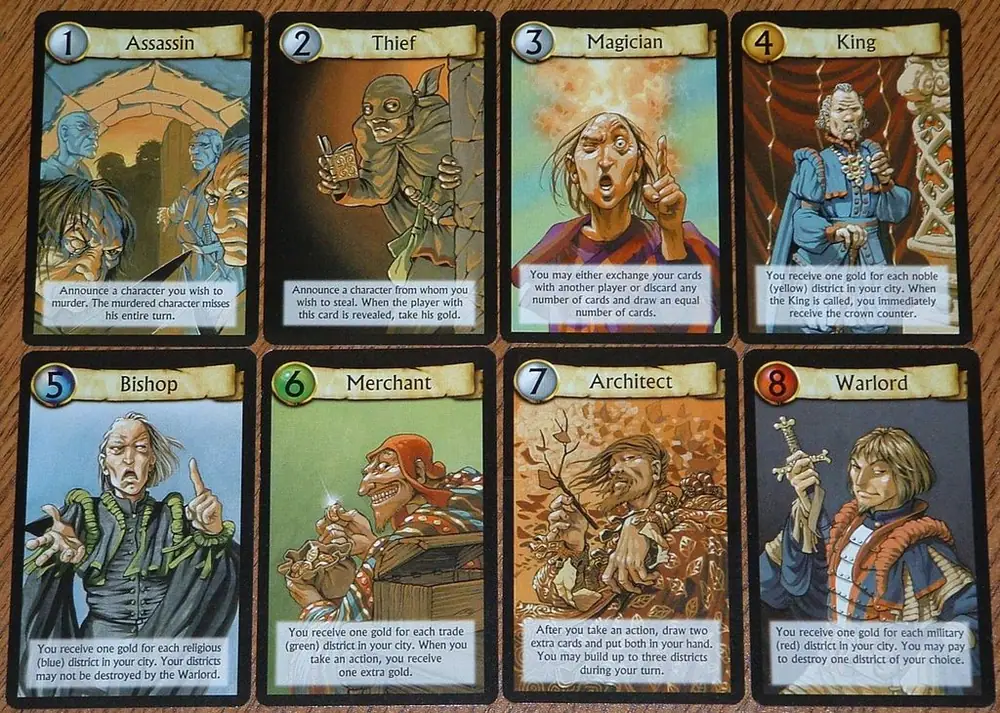 The main characters for Citadels, with the text of each card's special ability clearly visible
