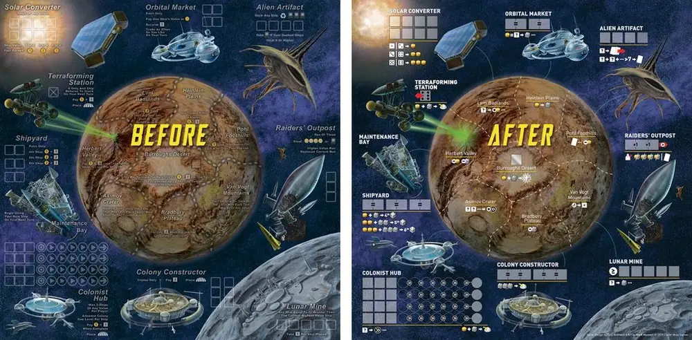 Karim "Carthaginian" Chakroun has been reworking the graphic design for Alien Frontiers. Here are Before and After shots of the game board
