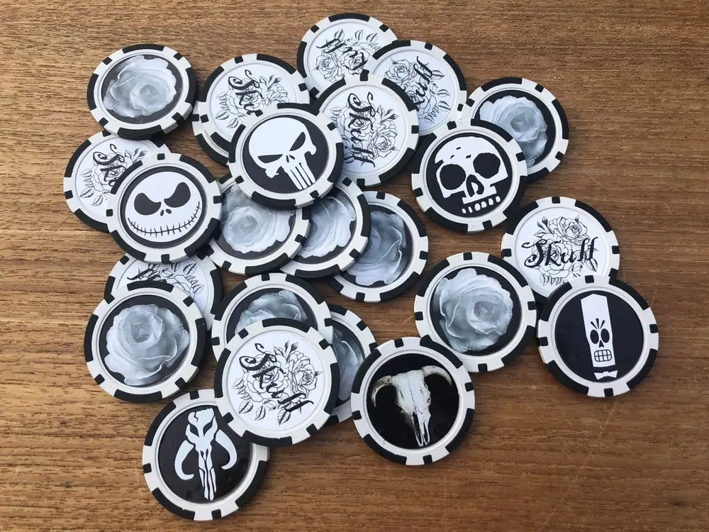 Custom-made Skull game using poker chips and vinyl stickers