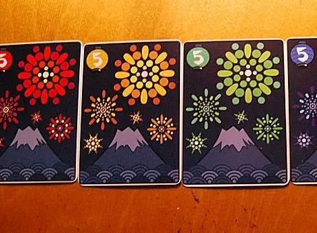 The five colors in my re-design of Hanabi. I tried to give my design a quite modern style, keeping at the same time the japanese air which is mandatory for this game.