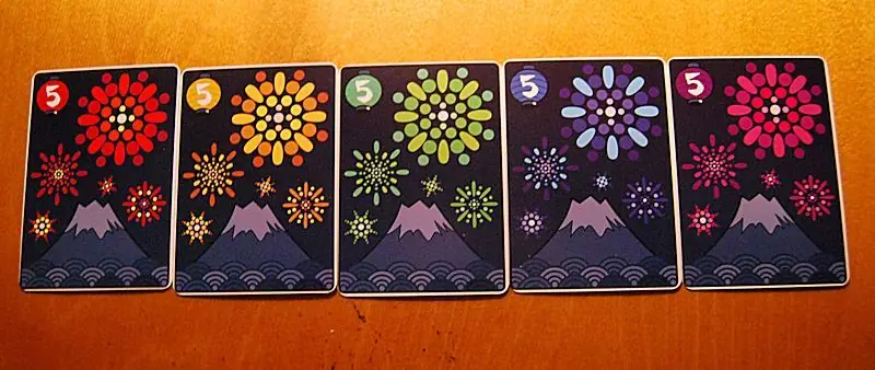 The five colors in my re-design of Hanabi. I tried to give my design a quite modern style, keeping at the same time the japanese air which is mandatory for this game.